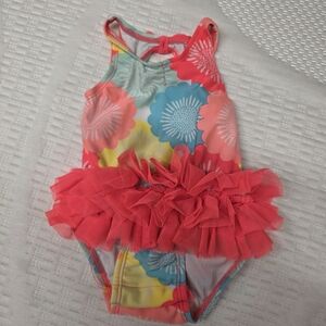 Cat & Jack Coral Tulle Ruffle Floral One-Piece Swimsuit